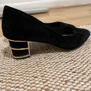 Black suede block heels with gold